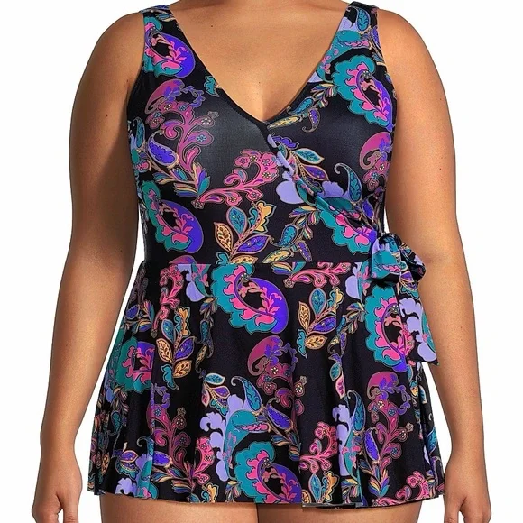 Johnny Was Fatima Wrap Skirt One Piece Swimsuit Black Paisley XL NWT Boho Luxury - Picture 2 of 10